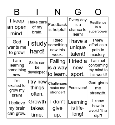 Growth Mindset Bingo Card