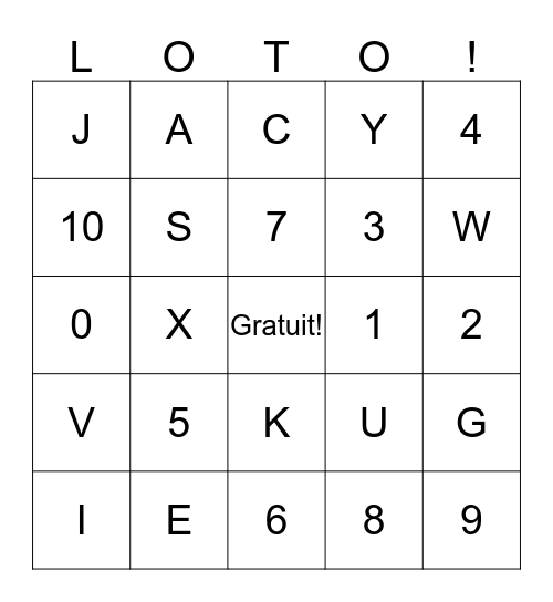 Français 6 - l'alphabet & les nombres Bingo Card