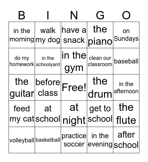 School Bingo Card