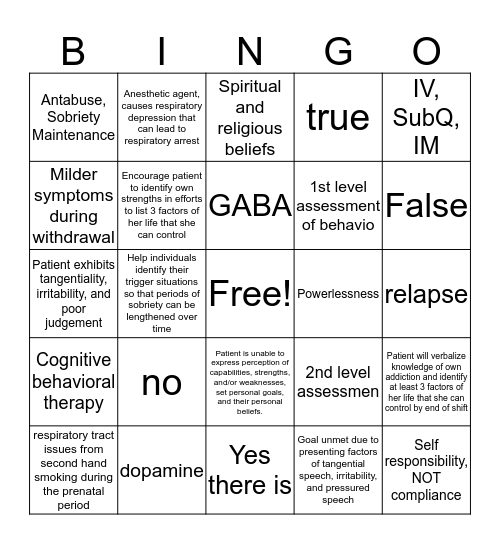 ADDICTION Bingo Card