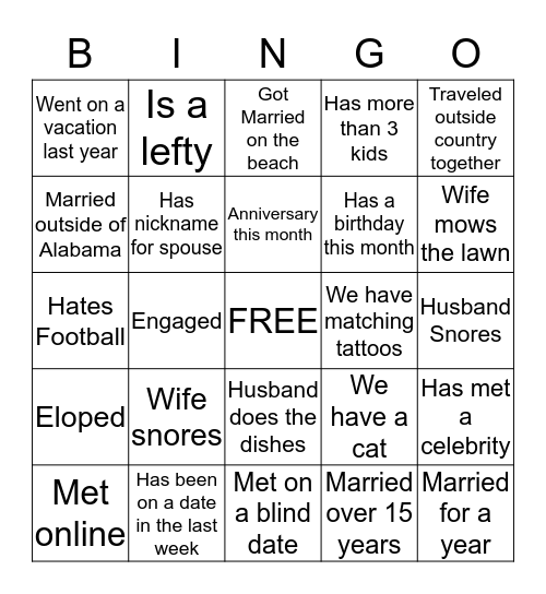 MARRIAGE  Bingo Card