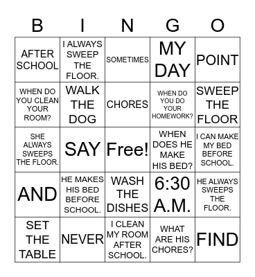 UNIT 6 CHORES Bingo Card
