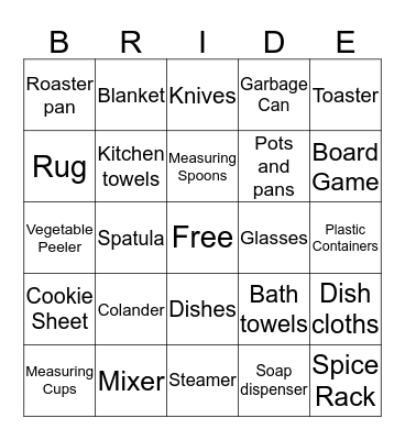 Bridal Shower Gift Bingo Card