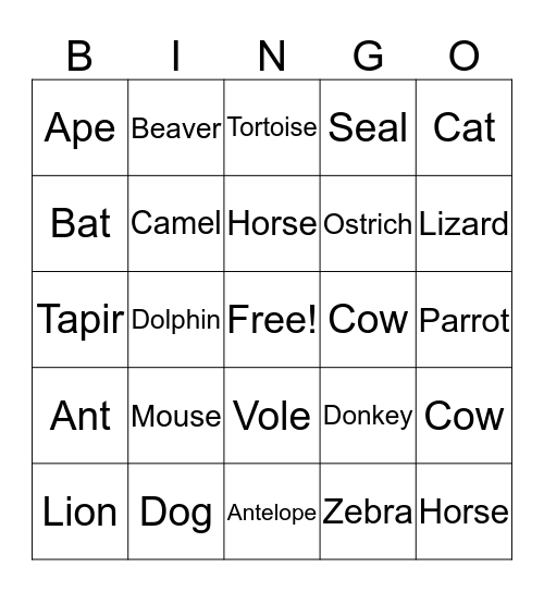 Animals  Bingo Card