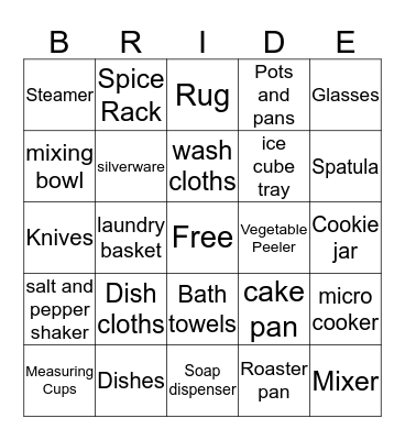 Bridal Shower Gift Bingo Card