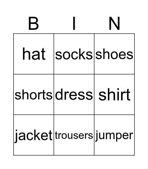 clothes Bingo Card