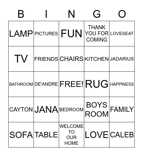 Jana's Housewarming Party Bingo Card
