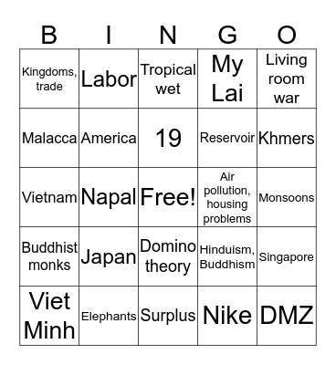 Chapter 11, Southeast Asia Bingo Card