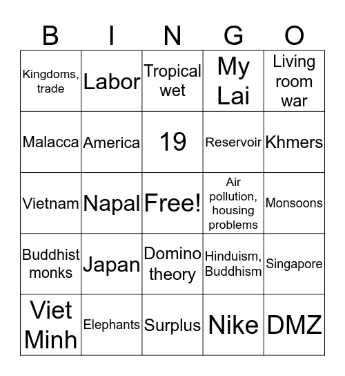 Chapter 11, Southeast Asia Bingo Card