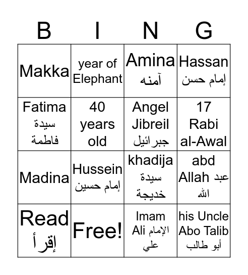 Prophet Muhammad(s) Bingo Card