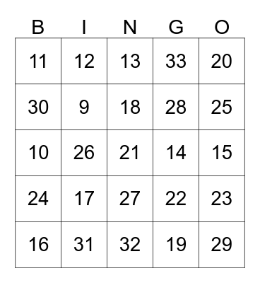 Number Bingo Card