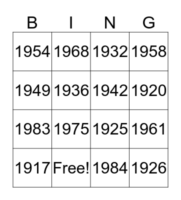 Years Rock! Bingo Card