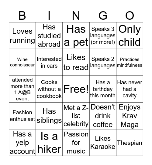 A@B Bingo Card