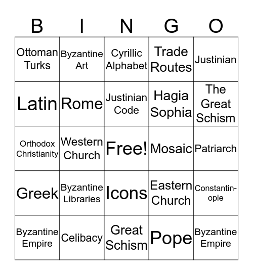 The Byzantine Empire Bingo Card