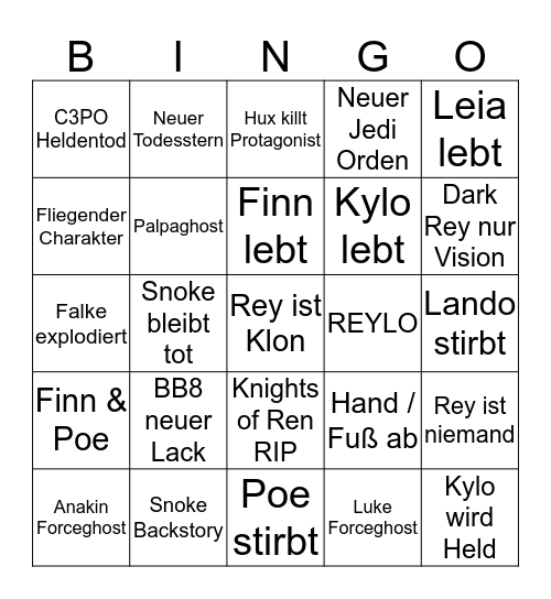 Bingo of Skywalker Bingo Card