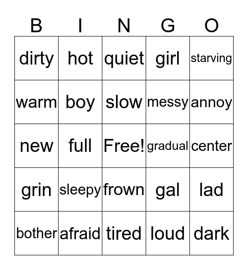 Synonyms and Antonyms Bingo Card