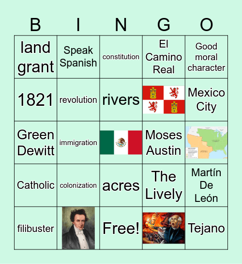 Texas Bingo:  Mexican Colonization Bingo Card