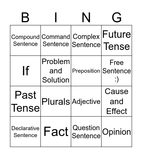 Sentences Bingo Card