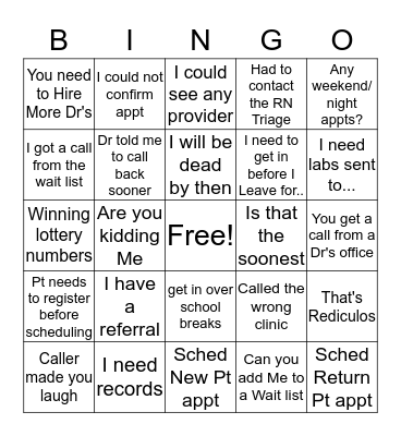 Call Center Bingo Card