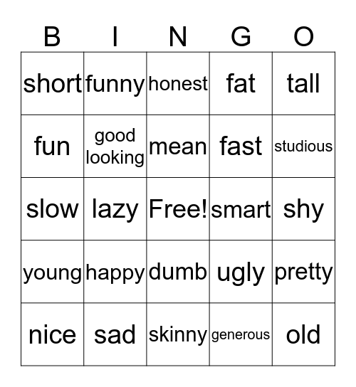 Adjective Bingo Card