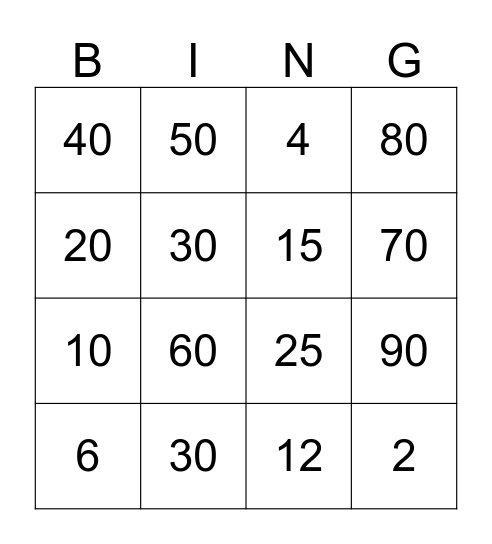 Multiplication BINGO Card
