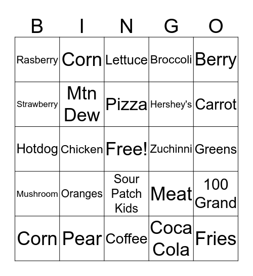 Nutrtion BIngo Card