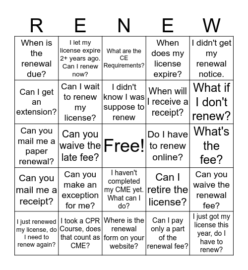 Renewal Questions Bingo Card