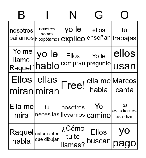 Verbos -ar Señor Alicea Bingo Card