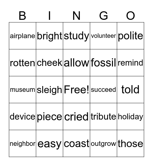 Spelling patterns-Word Study Bingo Card