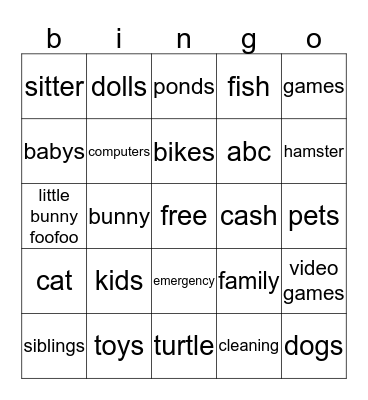 babysitter bingo Card