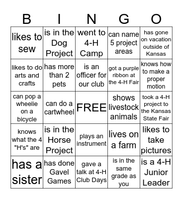 4-H/ Get to know you Bingo Card
