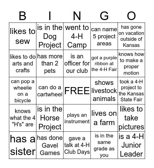 4-H/ Get to know you Bingo Card