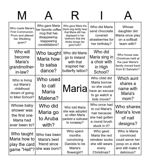 Maria's Bridal Shower Bingo Card