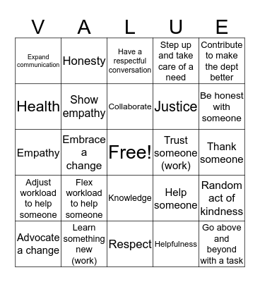 Finance Values Bingo Card
