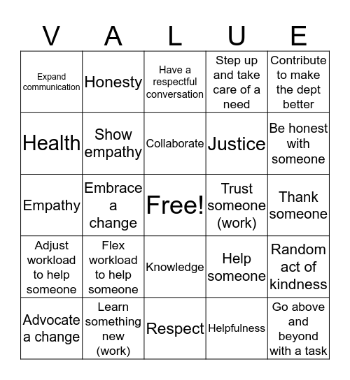 Finance Values Bingo Card