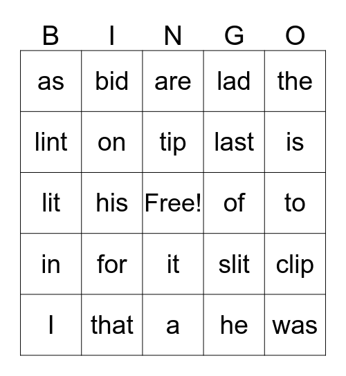 Instant Words 1-20 Bingo Card