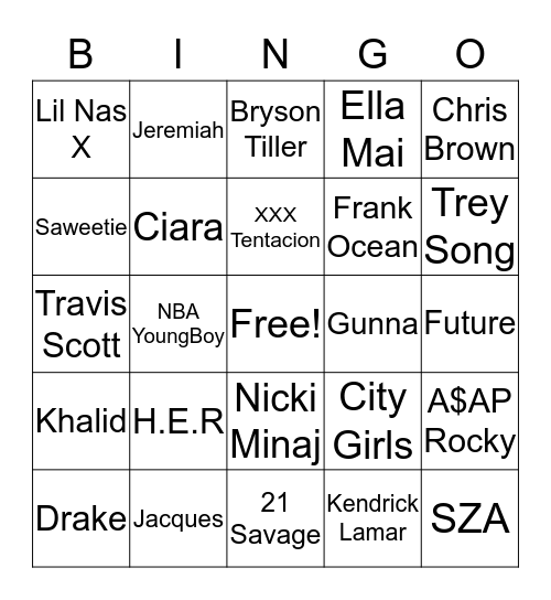 Current R&B & Hip Hop Bingo Card