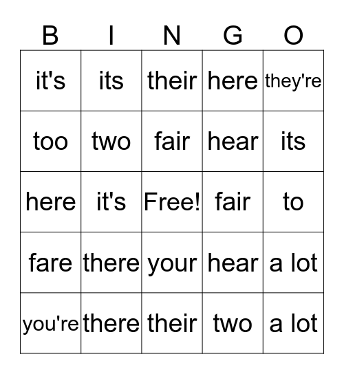 Spelling Bingo Card