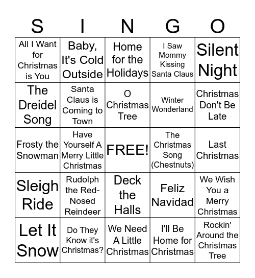 Holiday Singo Bingo Card