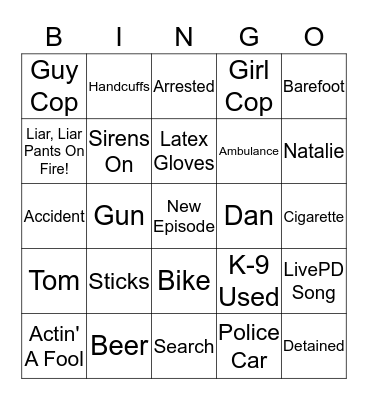 Peyton Dworak's LivePD Bingo Sheet Bingo Card