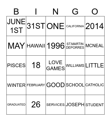 JOSEPH Bingo Card