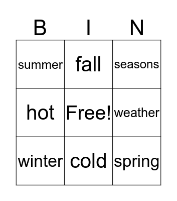 Weather Bingo Card