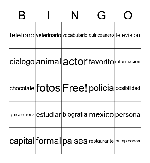 Los cognados Bingo Card