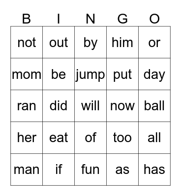 Sight Words Bingo Card