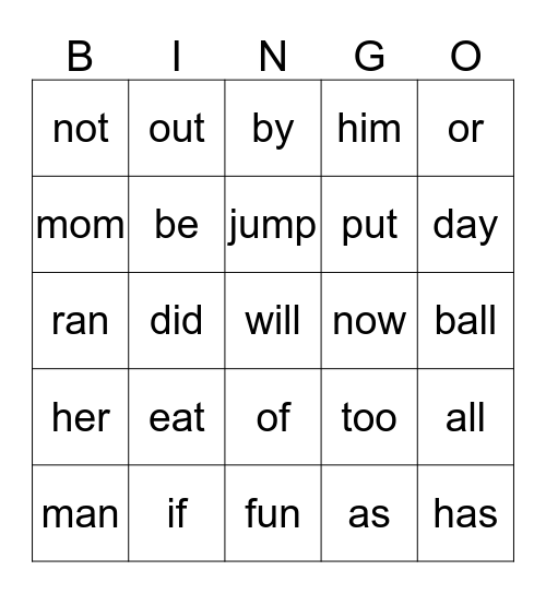 Sight Words Bingo Card