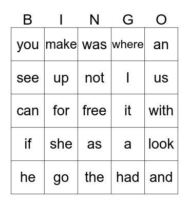 Sight Words Bingo Card