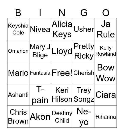 2000's R&B Bingo Card