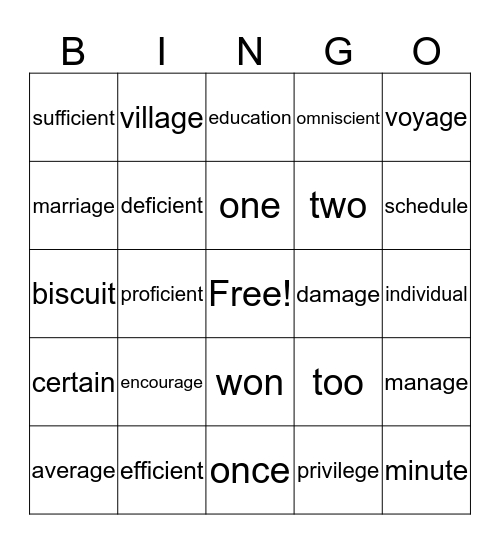 Vocab Words Bingo Card