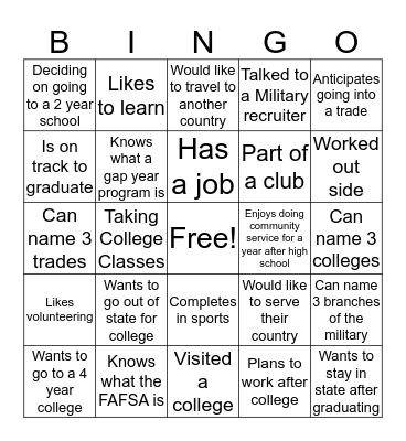 Post Secondary Bingo Card