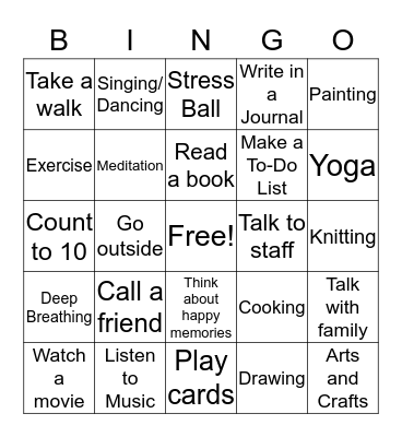 Stress Management Bingo Card